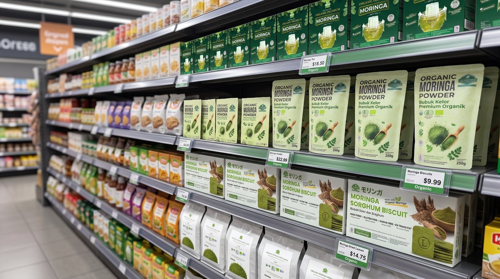 Produk La Moringa ditampilkan di rak supermarket