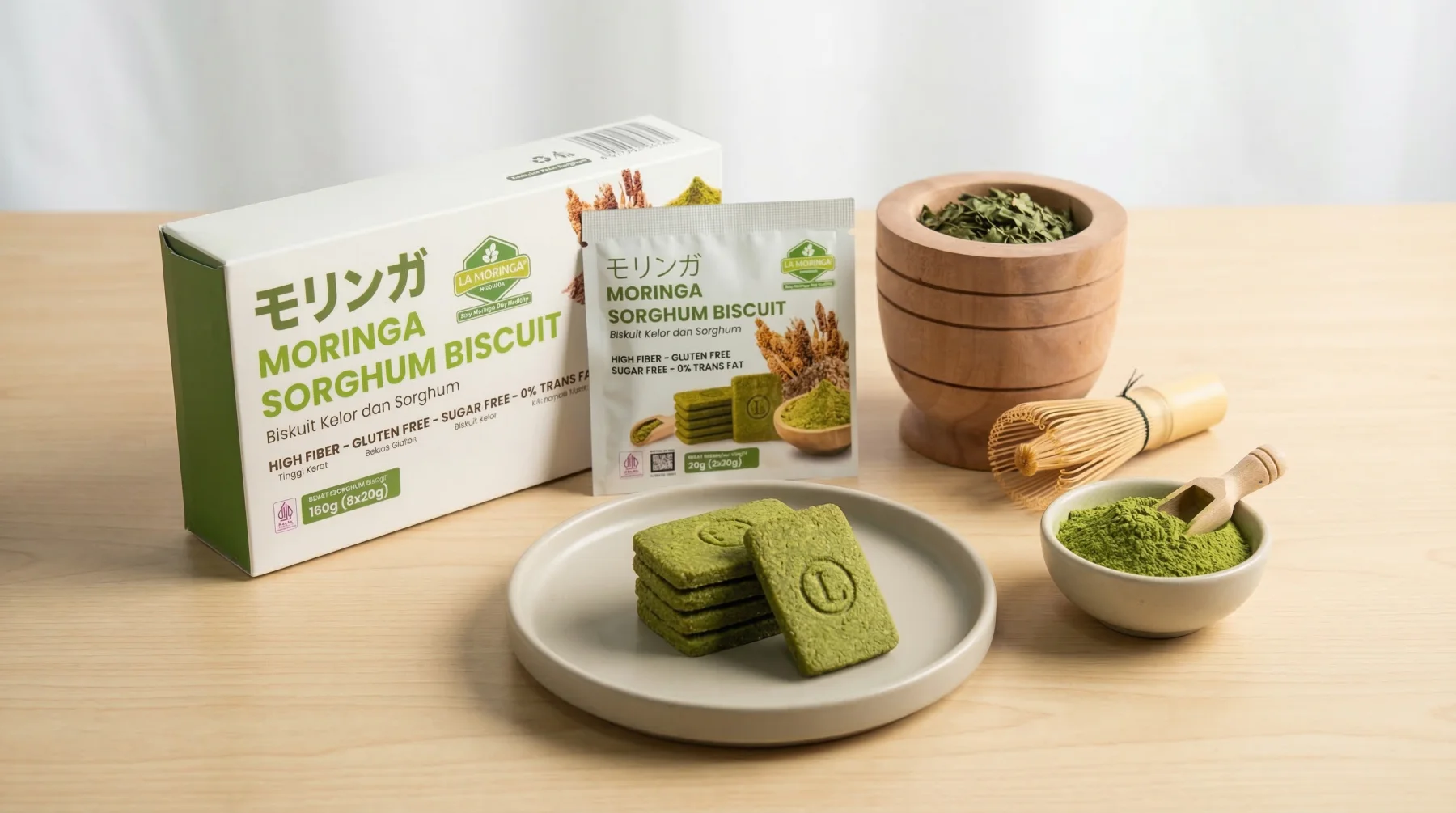 Moringa Sorghum Biscuit dan bubuk kelor La Moringa